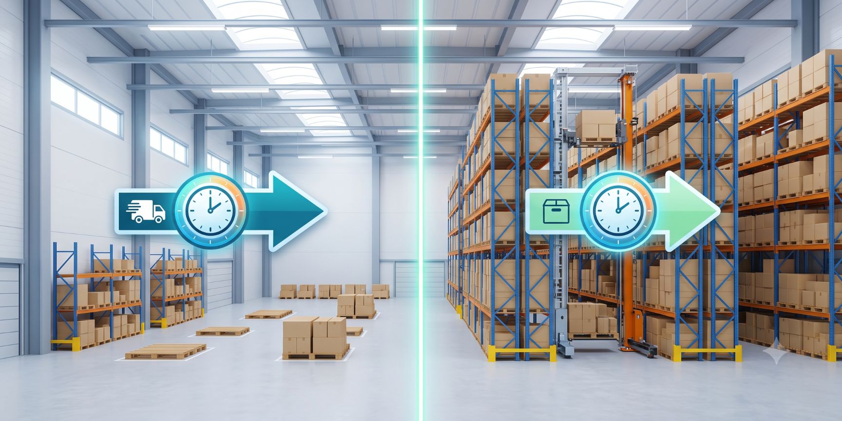 Split hall view: On the left, slim JIT storage with plenty of open space; on the right, dense high-bay storage for a long storage range